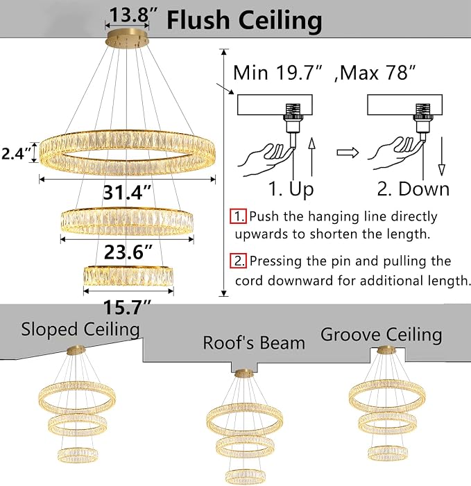 HAIXIANG Modern Glam Chandelier Crystal LED Remote Rings Chandelier Adjustable