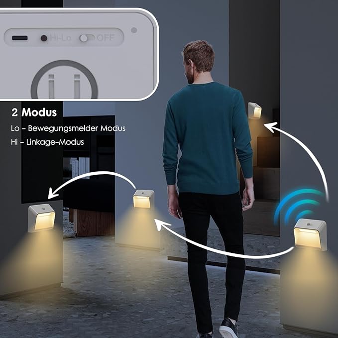 Rechargeable Motion Sensor Night Light - 2200mAh Battery Stair Lights Indoor, 3000K, Linkage Mode, for Bedroom Hallway Bathroom Wall - 3 Brightness Levels