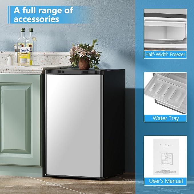 COWSAR 3.2 Cu.Ft Mini Fridge with Freezer for Bedroom Dorm, Silver | Single Reversible Door, 7 Temperature Settings, Energy Saving, 2 Removable Glass Shelves, Small Refrigerator for Apartment
