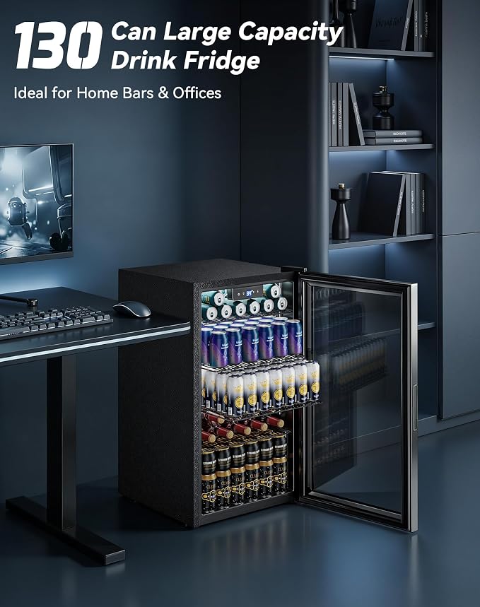 3.1 Cuft Beverage Fridge, 130 Can Mini Fridge, Glass Door, 34-64°F, Silver | LED Interior Light, Adjustable Removable Shelves, Freestanding for Bedroom, Office & Bar