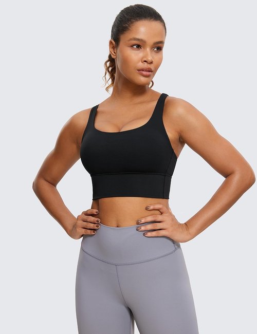 CRZ YOGA Strappy Longline Sports Bra - Medium Impact Criss Cross Padded Crop Top for Women