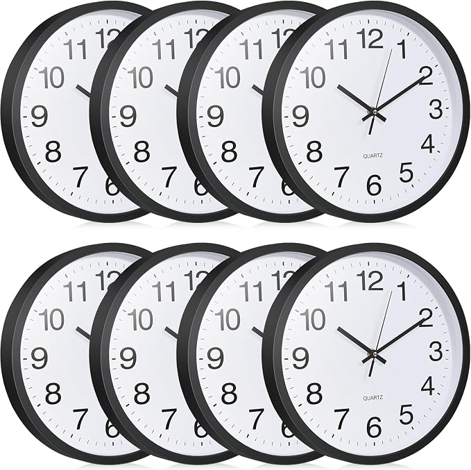 Inbagi 8 Pcs Wall Clock Bulk Large Silent Battery Operated Classroom Clocks