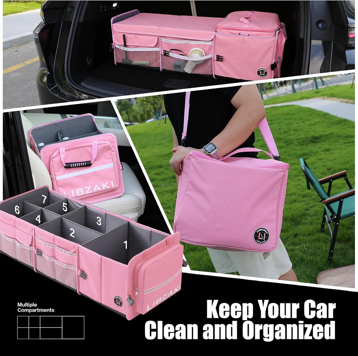 LIBZAKI Oversize 4 in 1 Car Trunk Storage Organizer, Multi Compartment Collapsible Trunk Storage Box with Cooler Bag for Car Truck SUV-Pink
