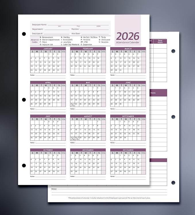 Attendance Calendar Employee Card Attendance Record Tracker 2026, Heavy 100lb