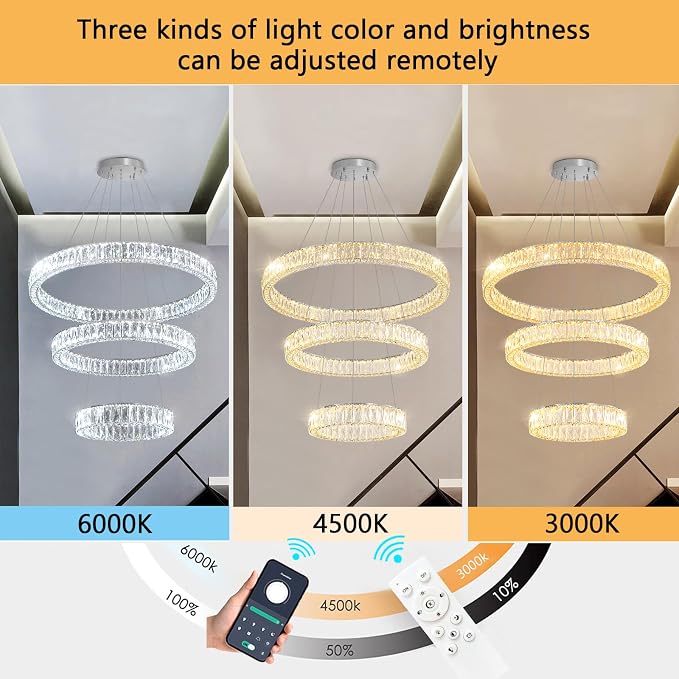 HAIXIANG Modern Glam Chandelier Crystal LED Remote Rings Chandelier Adjustable