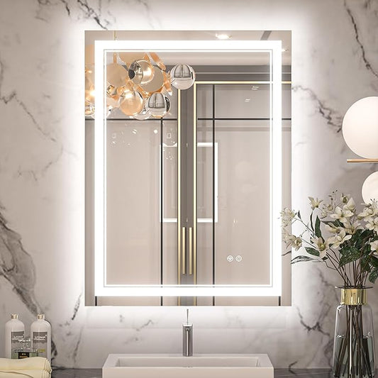 Keonjinn LED Mirror 24 x 32 Inch, Lighted Bathroom Vanity Mirror for Wall, Fronlit Only, HD Tempered Glass, UL-Listed LED Driver, Anti-Fog, Dimmale 6000K, Easy Installation(Horizontal/Vertical)