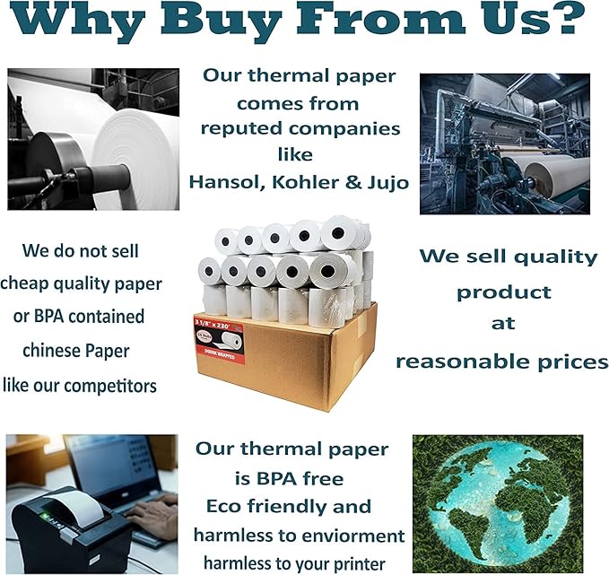 BPA Free Thermal Paper 3 1/8 x 230 Receipt Rolls fits all Clover POS Cash