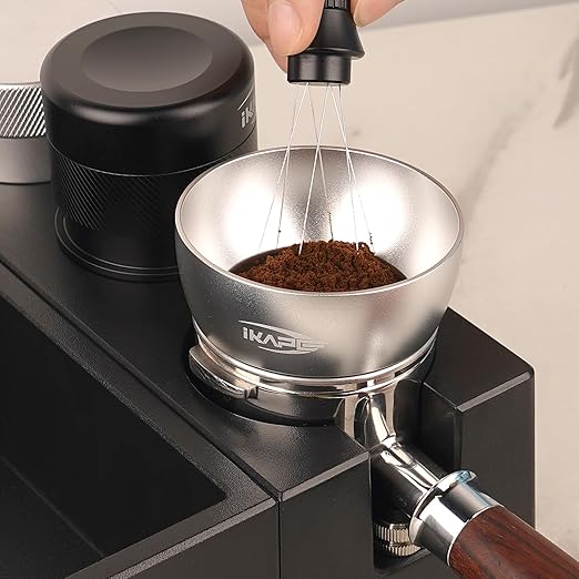 IKAPE Dosing Funnel Set, 53mm Espresso Dosing Ring & Puck Screen Kit Compatible with 53 mm Bottomless Portafilter Silver