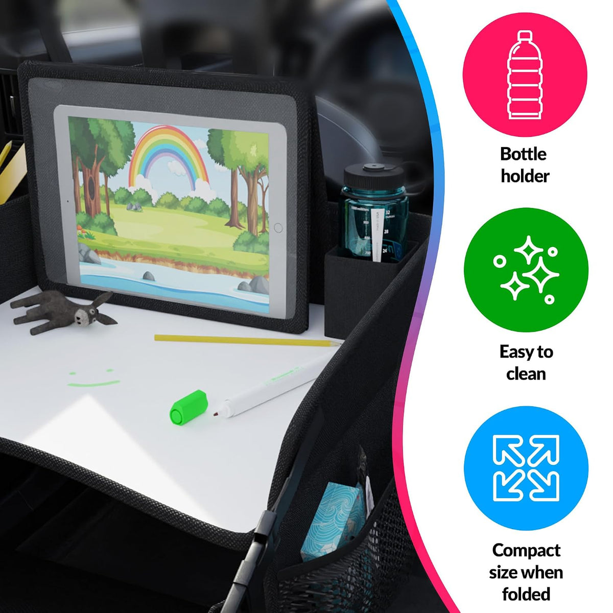 Kids Travel Tray for Kids Car Seat. Toddler Car Seat Tray Table with 6 Compartments and Tablet Stand. Foldable Toddler Table for Travel. Folding Portable Desk. Compact Road Trip Essentials