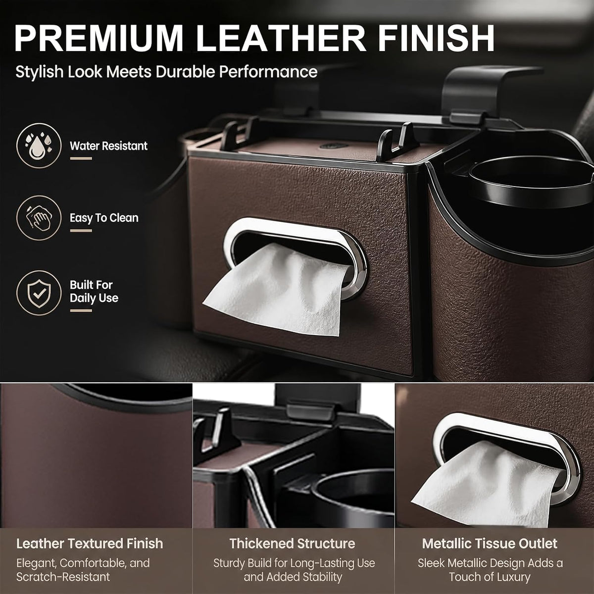 Back Seat Car Organizer, 2 Cup Holders, Tissue Holder, Phone Stand & Hooks