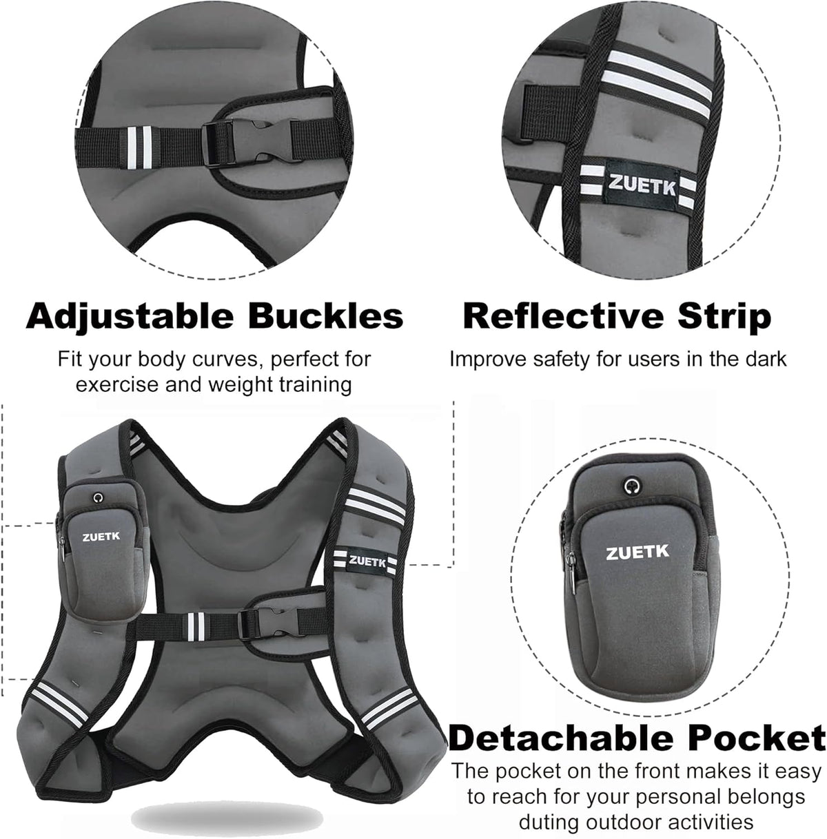 ZUETK Weighted Vest - Adjustable 6lb to 30lb | Reflective Stripe for Enhanced Safety - Ideal for Strength Training and Fitness