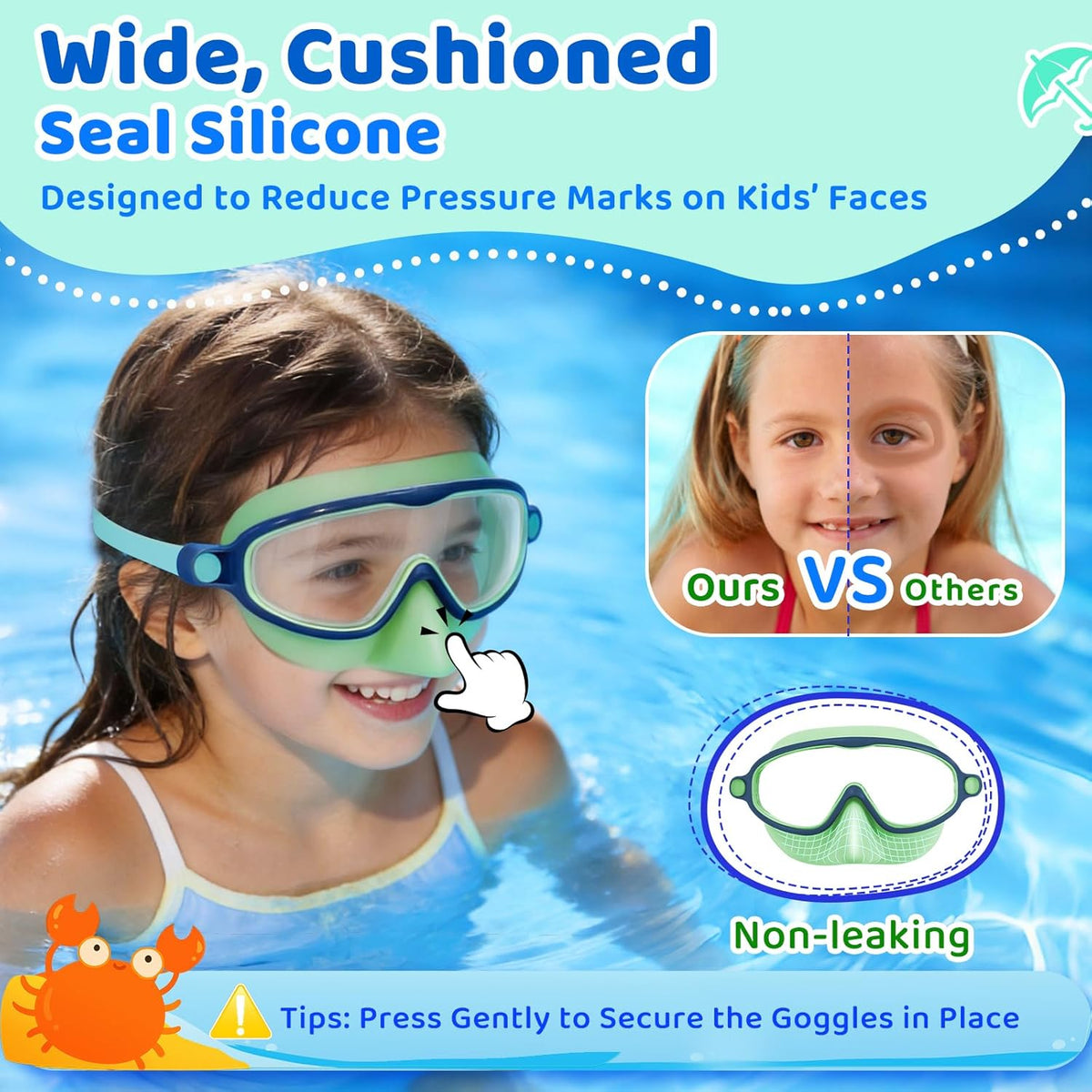 Vvinca Kids Swim Goggles - Anti-Fog UV Protection & Nose Cover | 2 Pack for Ages 3-14