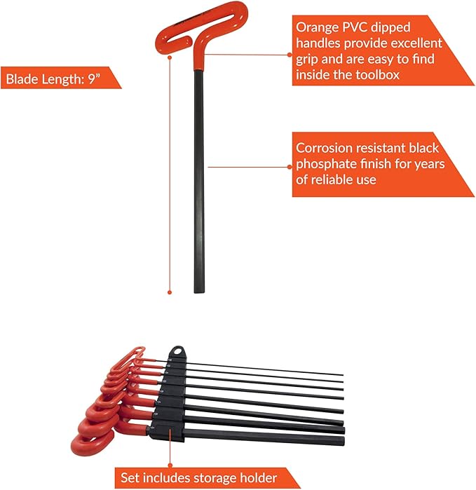 Dynamic Tools 8 Piece 9" Long T-Handle SAE Hex Key Set, 5/64" - 3/8"