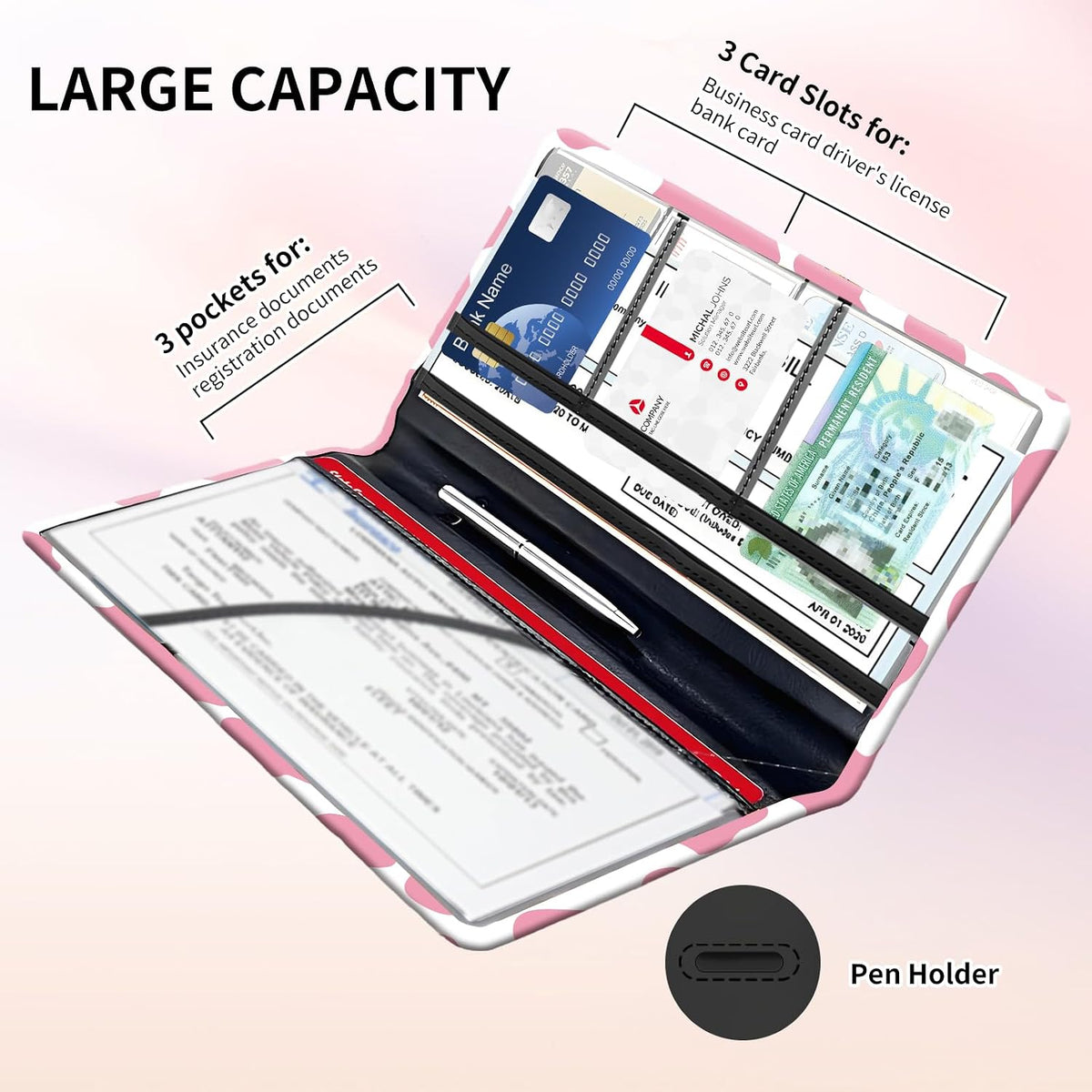 Premium Car Registration and Insurance Card Holder, Cute PU Leather Car Document Holder, Vehicle Glove Box Car Organizer with Magnetic Closure for Driver License, Cards Pink Cow Print