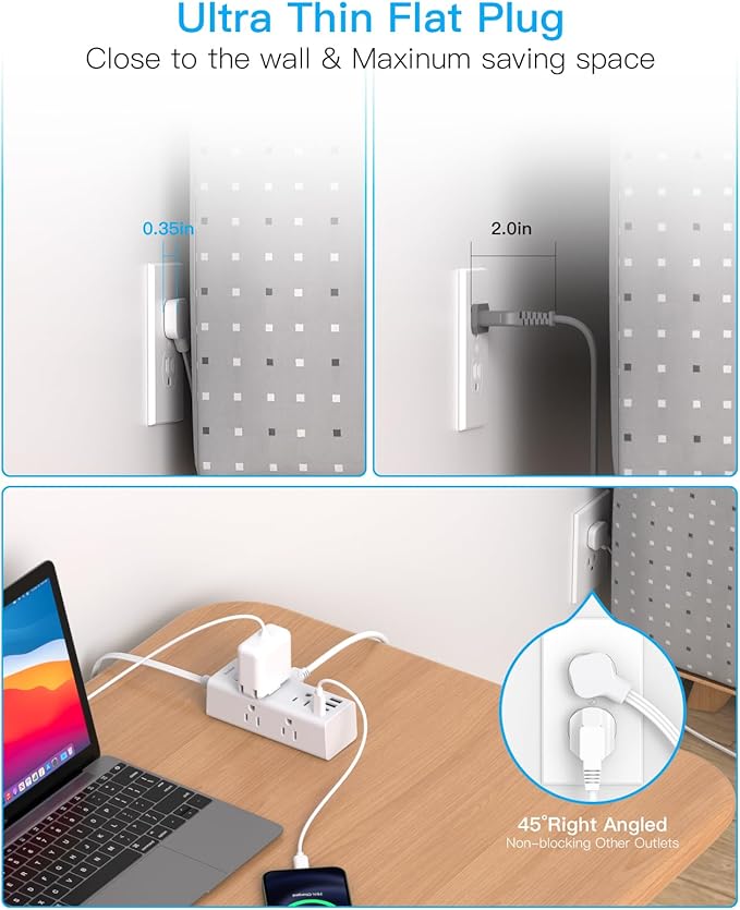 One Beat 10Ft Extension Cord with Multiple Outlets,Flat Plug Power Strip Surge Protector with 10 Ft Long Cord,6 Outlet 4 USB Ports (2USB C),Multi Outlet Wall Plug for Travel,College,Dorm Essentials