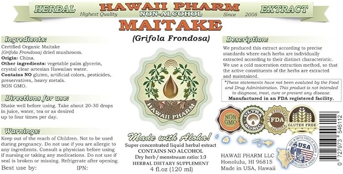 Maitake Alcohol-Free Liquid Extract, Organic Maitake (Grifola Frondosa) Dried Mushroom Glycerite Natural Herbal Supplement, Hawaii Pharm, USA 2x4 oz