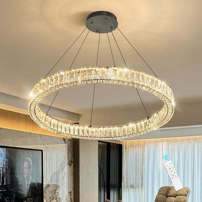 HAIXIANG Modern Crystal Chandelier Dimmable LED Ring Pendant Chandeliers Light