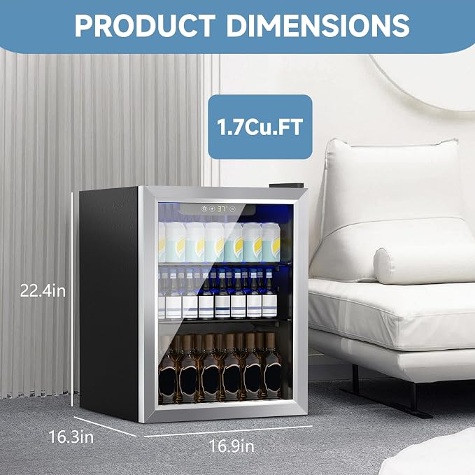 DOGHLY 72 Cans/1.7 Cu.Ft Beverage Refrigerator Glass Door Mini Fridge | Fast Cooling Mini Cooler with Adjustable Shelves for Soda, Beer, Wine, Low Noise Beverage Fridge for Home, Office,and Dorm