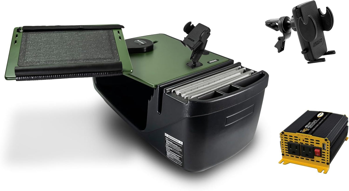 AutoExec Reach Desk Front Seat Car Desk and Portable Workstation with 400 watt Power Inverter, Phone Mount and Phone Vent Clip, Army Green