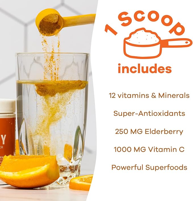 GOBIOTIX Vitamin C - Immune Defense Support Supplement - Immunity Powder Wellness Booster - Vegan Superfood - Elderberry, Turmeric, B12 Vitamin Supplement, Non-GMO and Sugar Free (Orange)