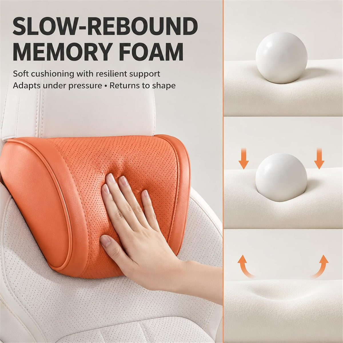 Universal Memory Foam Car Headrest Neck Pillow and Lumbar Support Pillow Set Ergonomic 2 Piece Car Seat Back Cushion with Breathable PU Leather Adjustable Straps for Driving SUVs Trucks，White