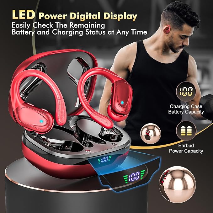 HAOYUYAN Wireless Earbuds, Sports Bluetooth Headphones, Noise Canceling Ear Buds with 80hr Playtime, LED Power Display, IPX7 Waterproof Earphones for Gym/Workout（Red）