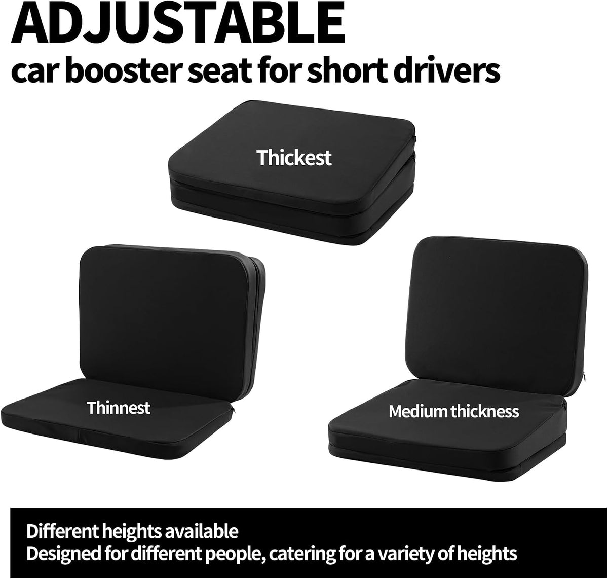 HOMBYS Adjustable Car Booster Seat for Short Drivers, 3 Heights for Different People, Adult Car Seat Cushions for Driving, Supportive Car Seat Pad for Lower Back Pain Reduce, (17"x12.8"x6.3", Black)