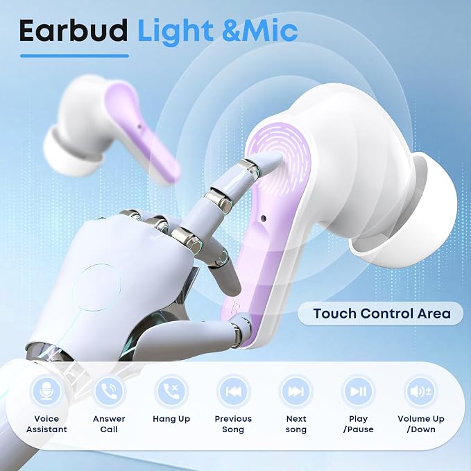 Wireless Earbuds, Bluetooth 5.3 Headphones HiFi Stereo 50H Playback LED Digital Display Ear Buds with ENC Noise Canceling Headset, IPX7 Waterproof Earphones for Gym/Running/Work(Light Purple)
