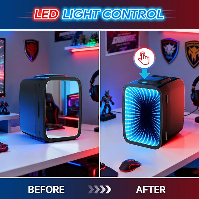 BEICHEN Mini Fridge, 4L/6 Can Small fridge with Dimmable Gaming Light | Cooler and Warmer，Portable Personal Fridge,LED lights Perfect for Gaming Experience,12v AC/DC for home and car,ultra-quiet