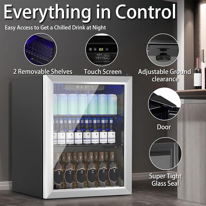70 Can 1.7 Cu.Ft Compact Beverage Refrigerator With Glass Door | Stainless Steel Drink Cooler with Reversible Glass Door for Soda Wine Beer, Small Fridge for Home Office Bar (40℉-61℉)