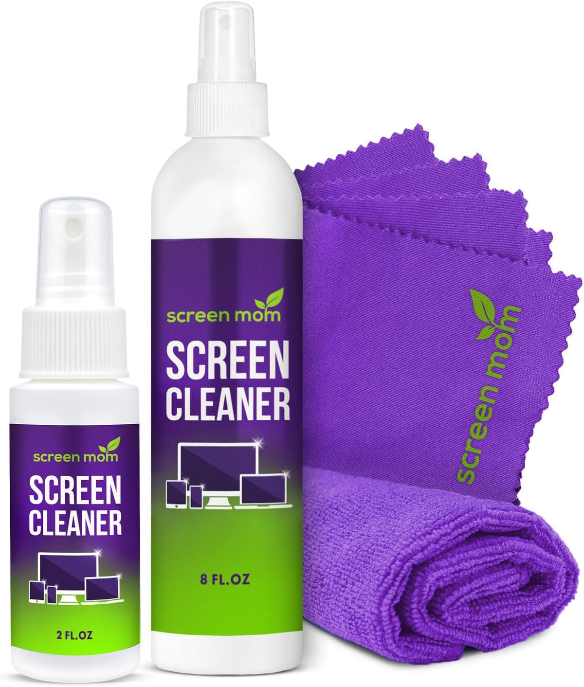 Screen Mom Screen Cleaner Spray 8oz & 2oz for TV, Car, Laptop and Computer | Streak-Free Formula, Alcohol & Ammonia Free, 4 Microfiber Cloths, Cleans TVs Phones Tablets Glass OLED, Residue-Free Cleaning