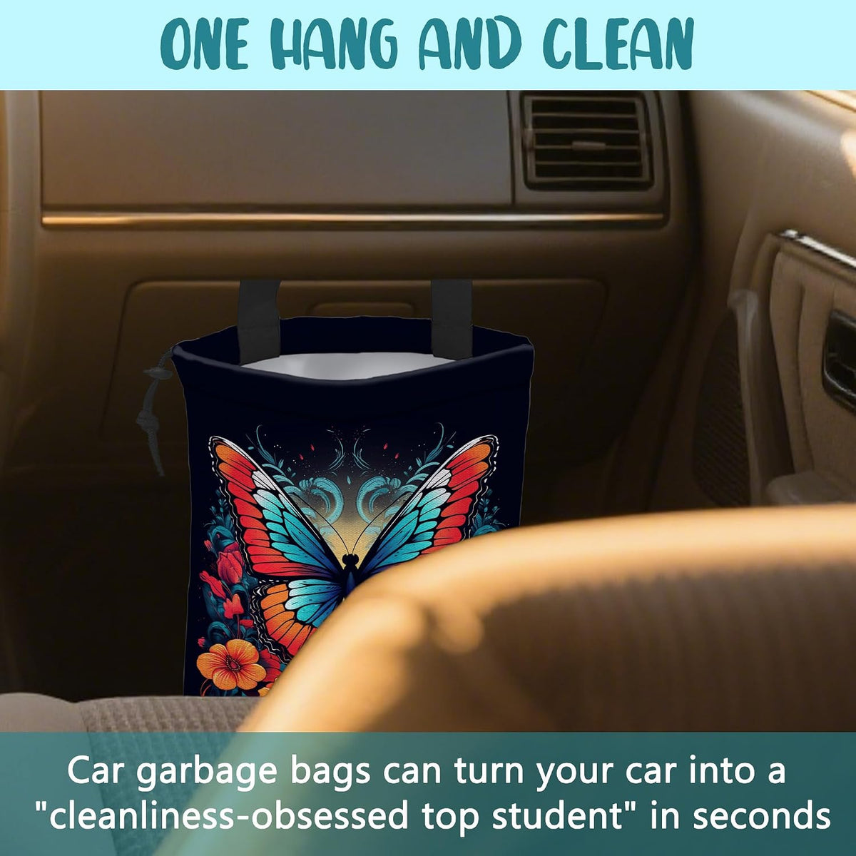 Car Garbage Bag Colorful Butterfly with Flowers Hanging Canvas Car Trash Bag Waterproof Drawstring Car Back Seat Organizer for Car Back Front Seat Console with Adjustable Buckle