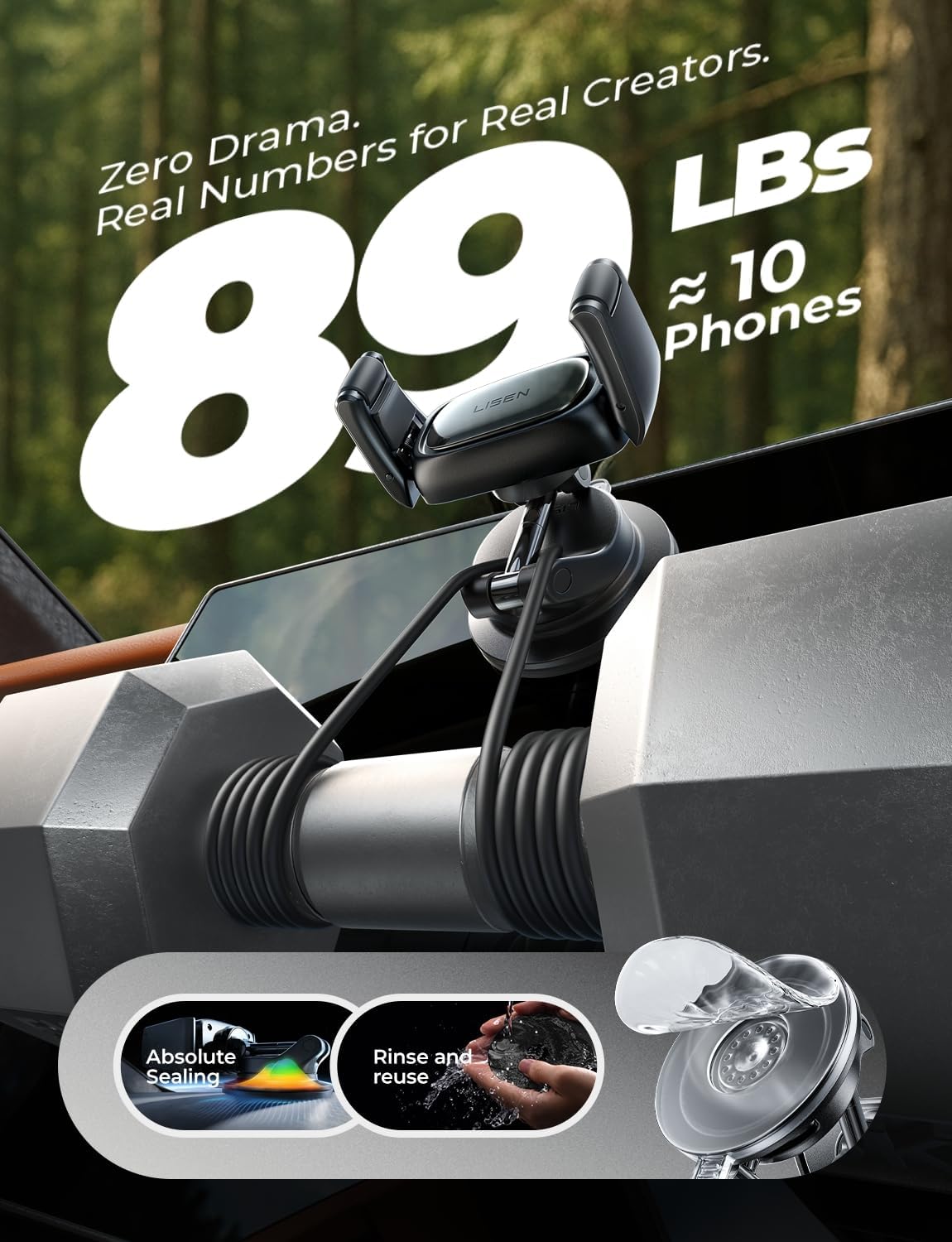 LISEN Suction Phone Mount for Car, [Ultra Suction & Less Fuss] Car Phone Holder Mount Vacuum Dashboard Phone Holder, Car Cell Phone Holder for iPhone 17 16 15 14 Pro Max Air with Case Galaxy S26 S25