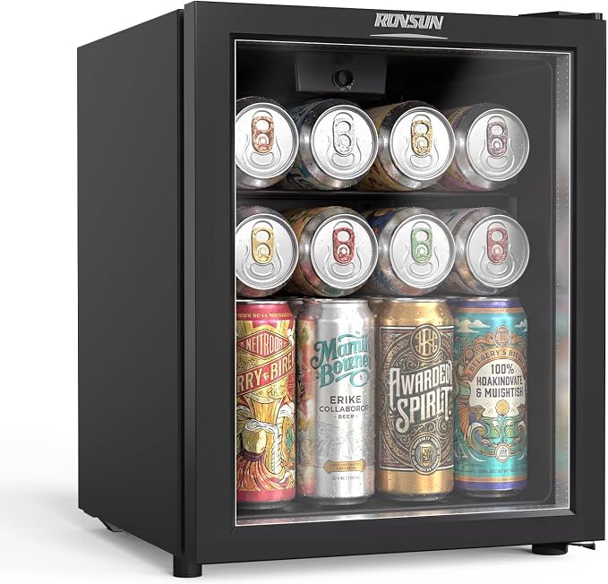 ROVSUN 46 Cans/1.0 Cu.Ft. Beverage Refrigerator Cooler, Countertop Small Fridge with Double Layer Glass Door & Adjustable Shelf for Bedroom Home, Quiet Mini Fridge for Soda Wine Beer, 43-64°F, Black