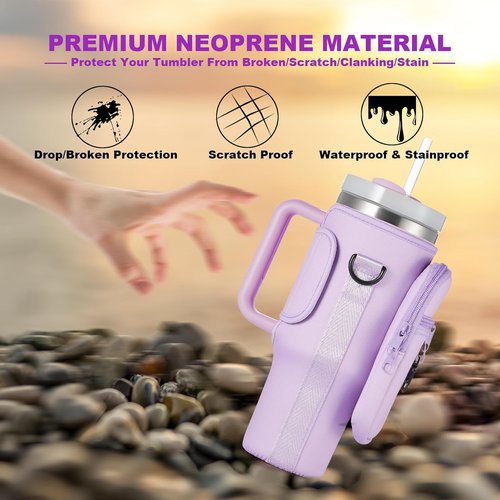 BULKITEM Water Bottle Carrier Bag - Insulated Neoprene Holder with Phone Pocket for Stanley 40 & 30 oz Tumbler - Pink