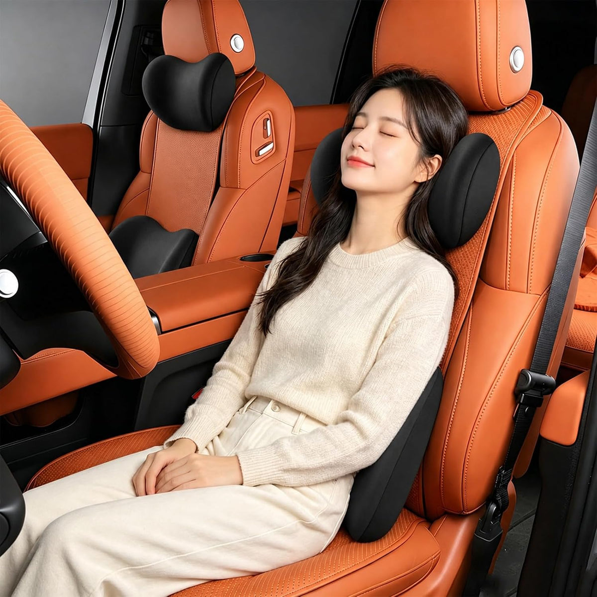 2 PCS Car Headrest & Lumbar Support Cushion, Breathable Memory Foam Auto Neck Lumbar Support Pillow w/Adjusatble Strap, Ergonomic Vehicle Seat Headrest Neck Rest Cushion (Black)
