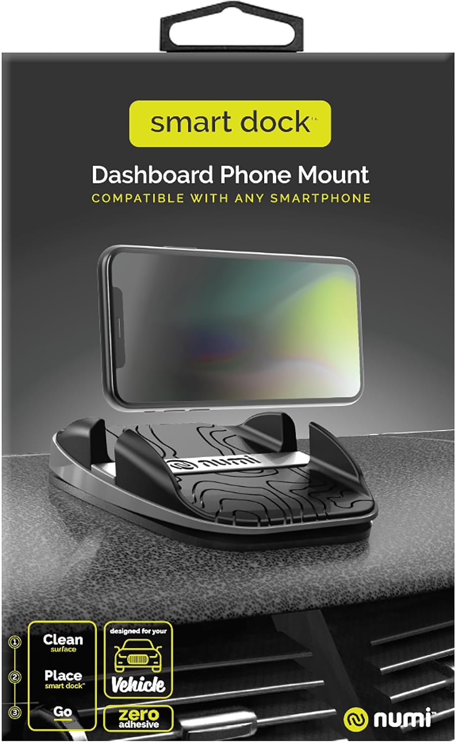 Numi Smart Dock Dashboard Cell Phone Holder - Dashboard Sticky Pad Technology - View Your Phone On Your Dash - Works with All Cars, and with All Smartphones (Black)