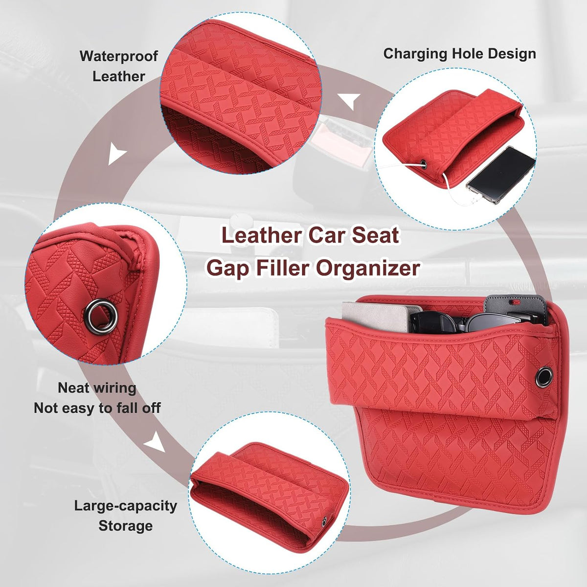 HARFINGTON 2pcs Car Seat Gap Filler Organizer 11.5 x 8 x 2.1 Inch Leather Universal Car Organizer Storage Box Between Seat and Console for Phone Sunglasses Keys, Red