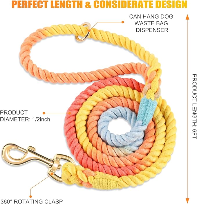 Dog Leash 6 FT Handmade Braided Cotton Rope Leashes for Small Medium and Large Dogs, New Golden Heavy Duty Metal Clasp, Colorful Rainbow
