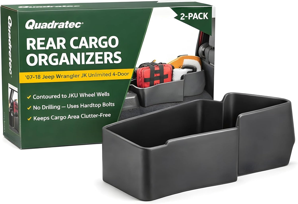 Quadratec Rear Wheel Well Storage Organizer Bin, 2-Piece Set for Left & Right Side - Fits Jeep Wrangler JK Unlimited 4-Door 2007-2018 - Interior Jeep Wrangler Accessories - Cargo Area Storage Box