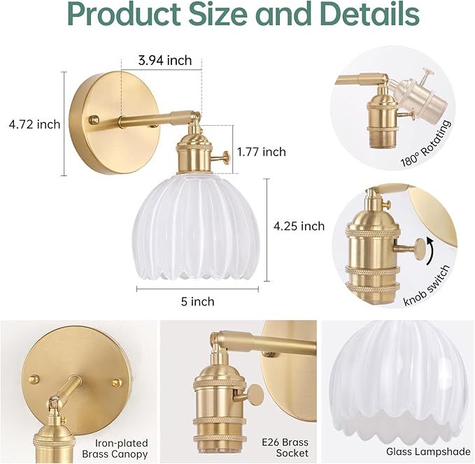 Vintage Wall Sconces with White Tulip Glass Lampshade 180 Degree Adjustable Brass Sconces Hradwired Modern Wall Lighting Fixture with Switch for Bedside Bedroom Doorway