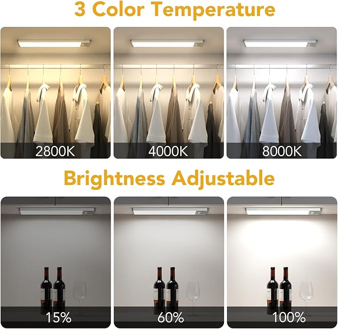 Under Cabinet Lighting, LED Motion Sensor Light Indoor with 3 Color Temps, 1500mAh USB Rechargeable Closet Lights, Dimmable Wireless Under Counter Lights for Stairway, Wardrobe, Kitchen(9Inch, 2 Pack)