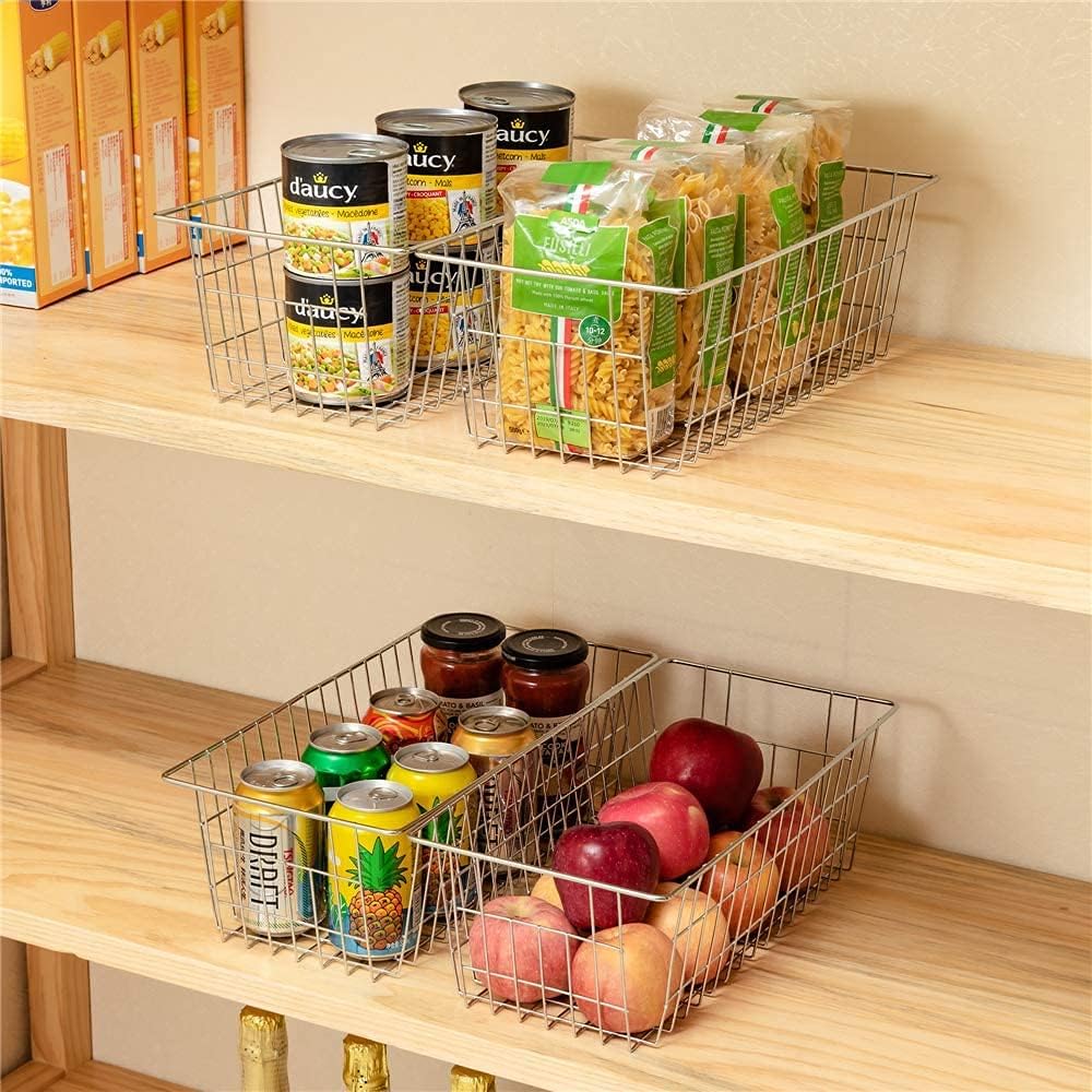 Slideep Wire Baskets Farmhouse Freezer Organizer Storage Bin Basket with Handles, Food Storage for Kitchen Cabinets, Pantry, Closet, Bedroom, Bathroom, Office 3 Pack
