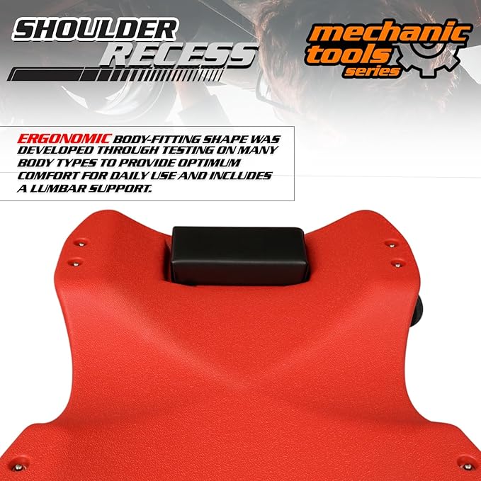 M-AUTO Mechanic Plastic Creeper with Dual Tool Trays, 48" Ergonomic Rolling Garage Shop Creeper with Padded Headrest, 4 Noiseless Casters 350LBS Capacity Red