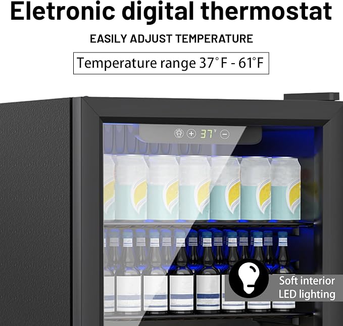 Compact 70 Can/1.7Cu.Ft Mini Fridge, Reversible Glass Front Door | For Soda, Beer or Wine, Portable Small Beverage Refrigerator with Digital Display & Removable Shelves for Office, Dorm, Bar