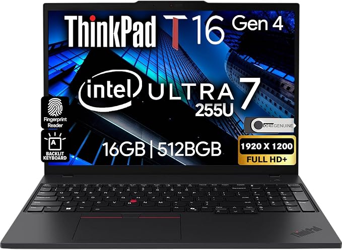 Lenovo ThinkPad T16 Gen 4 AI Business Laptop 16” FHD+ Display, Intel Ultra 7 255U (Beats i7-1355U), 16GB DDR5 RAM, 512GB SSD, 5MB Webcam, Fingerprint, Backlit KB, WiFi 6E + BT, RJ-45, HDMI, Win 11 Pro