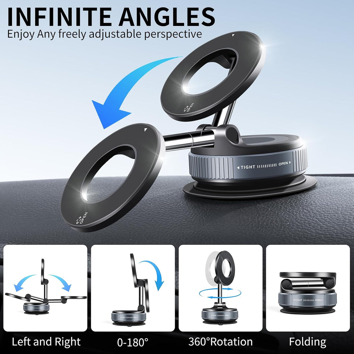 Galundge Vacuum Suction Magnetic Phone Holder, 2026 Upgraded Foldable Retractable Suction Cup Car Phone Mount for Magsafe, 360° Adjustable Magnetic Phone Stand for Cars/Gyms/Mirrors/Smooth Surface