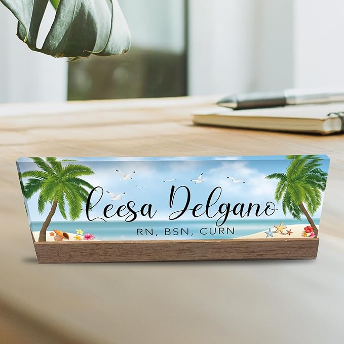 Artblox Personalized Office Desk Name Plate and Business Card Holder | Clear Acrylic Glass with Teak Wood Stand | Sand Beach Design Customized with Your Name and Credentials Office Desk Decor
