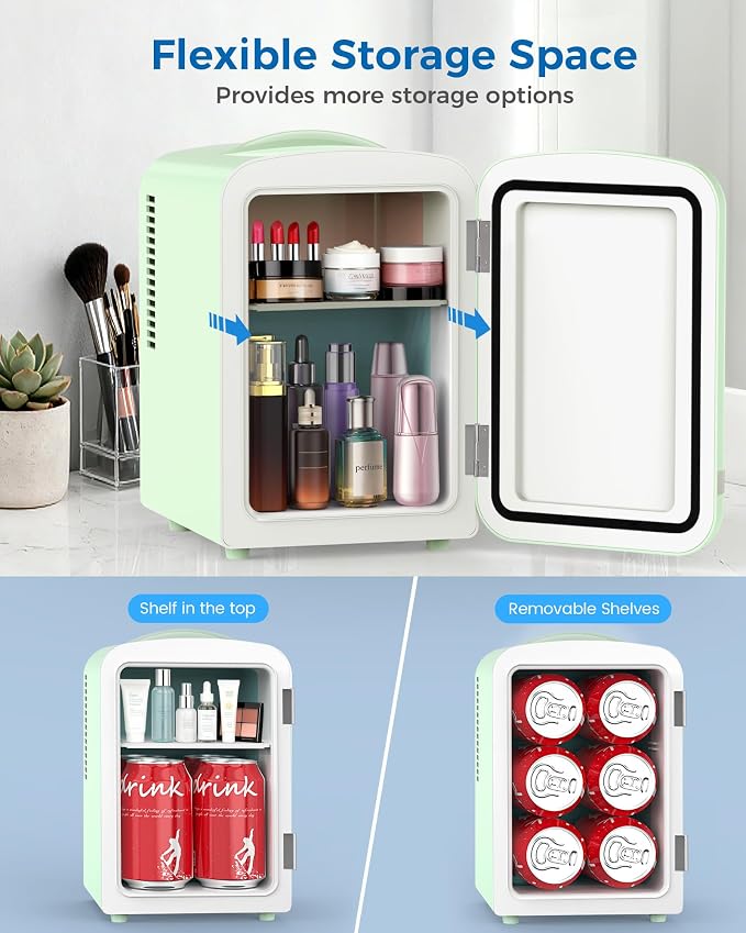 Electactic Mini Fridge for Skincare, 4L/6 Cans Portable Compact Cosmetic Fridge, Retro Desktop Fridge with AC/DC Adapters, Small Cooler and Warmer for Beverage, Makeup, Bedroom, Office, Kids, Green