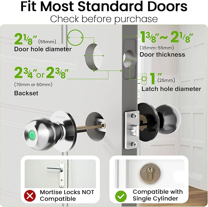 GHome Smart Fingerprint Door Lock, 3 in 1 Smart Fingerprint Door Knob with App Control & Key, Auto Lock, Biometric Door Knobs with Lock for Bedroom, Garage, Home & Office